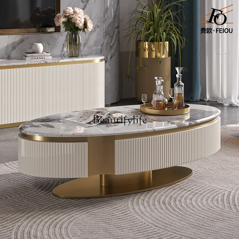 طاولة قهوة مطلية فاخرة وخفيفة الوزن ومجموعة بيضاوية إيطالية من الرخام