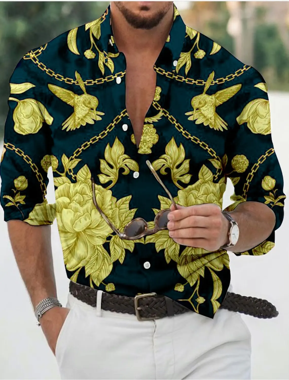 Camisa con estampado de cadenas florales para hombre, camisa con estampado 3D, camisa de manga larga con botones para vacaciones diarias, ropa Vintage