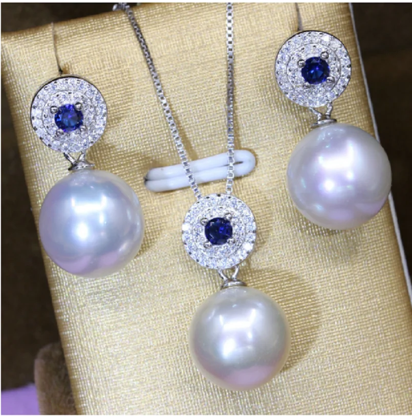 

Gorgeous AAAAA 11-10mm Nanhai gold and white round pearl pendant & earring set 925s