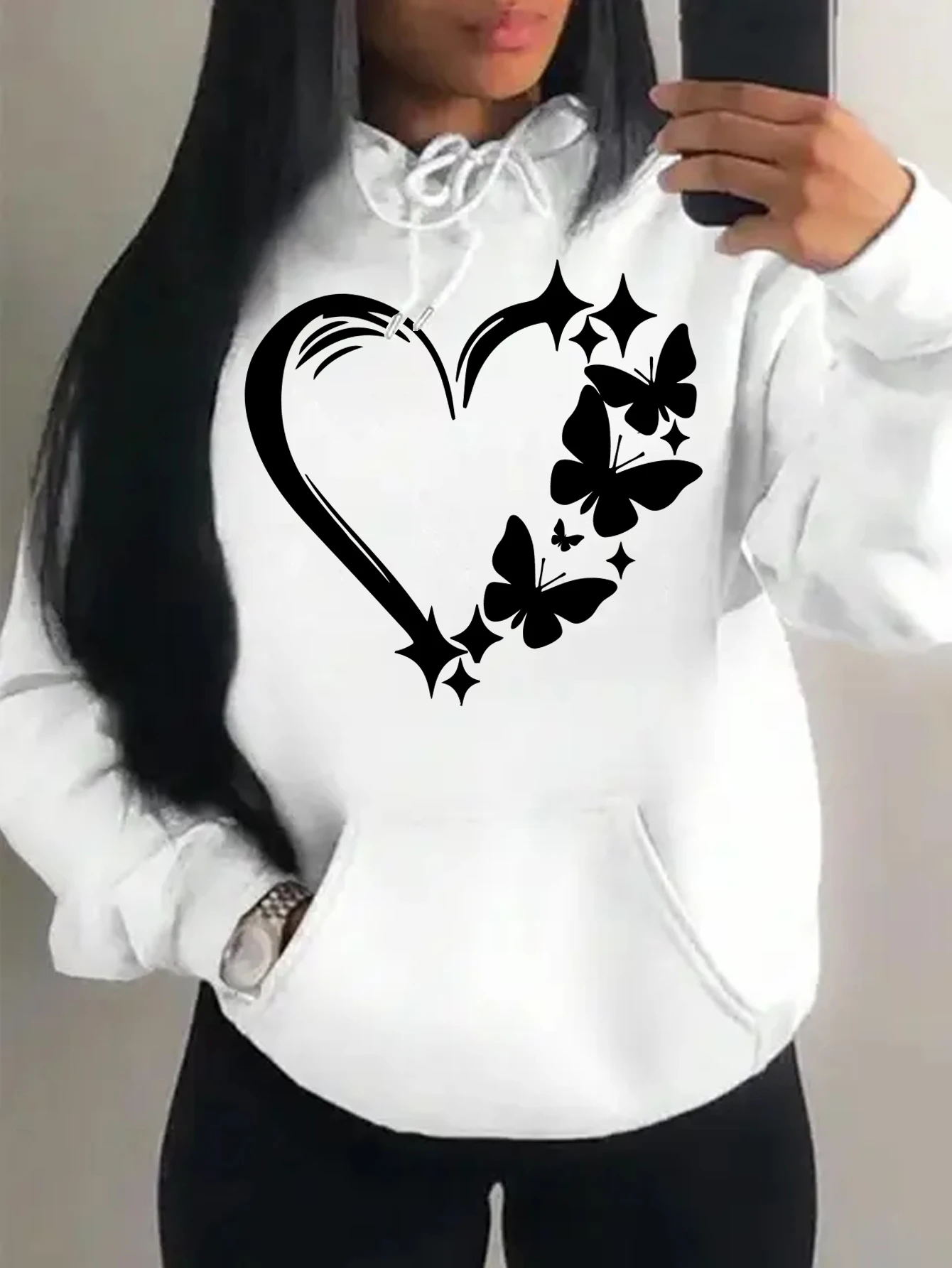 Combination Of Love And Butterfly  Pattern Sweater Women Hip Hop Street Hoodies Trendy Pocket Clothes Vintage Multicolor Hoody