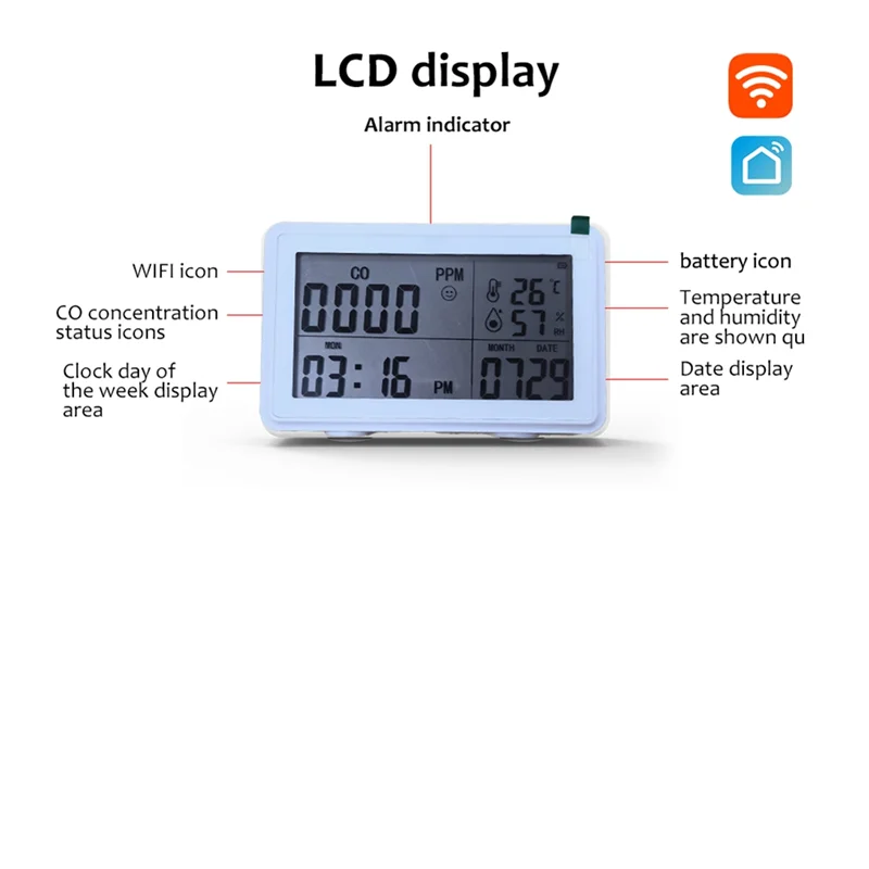 APPLIA-Tuya Wifi Smart Desktop Clock With Alarm Calendar Thermometer Hygrometer CO Detector LCD Display For Alexa And Google