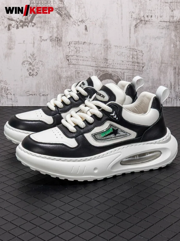 Mens Mixed Colors Cowhide Genuine Leather Running Shoes New Lace Up Thick Platform Outdoor Sport Sneakers Jogging Trainers Shoes