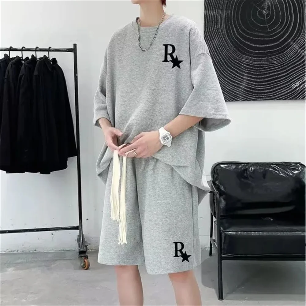 Oversized Japan Korean Fashion College Waffle Set Men Boys Summer Casual Loose Short Sleeve T-shirt Shorts Sports Two Piece Set