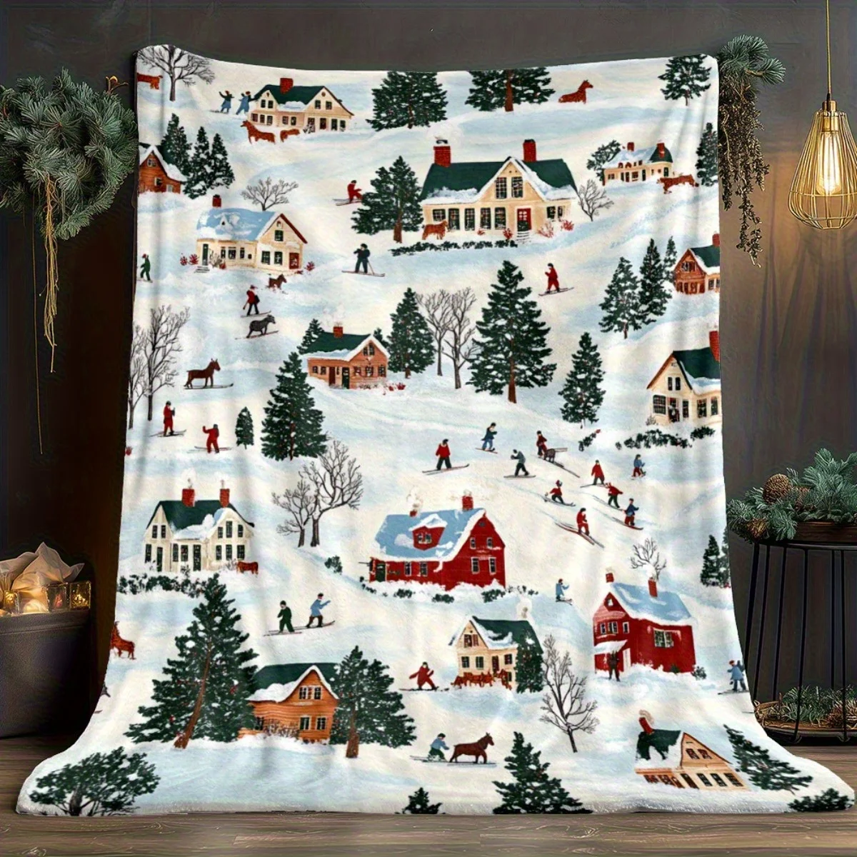 Winter Village Scene Snowy Houses Skiing People Flannel Blanket Christmas Holiday Theme Soft Warm Throw For Cozy Home Decor