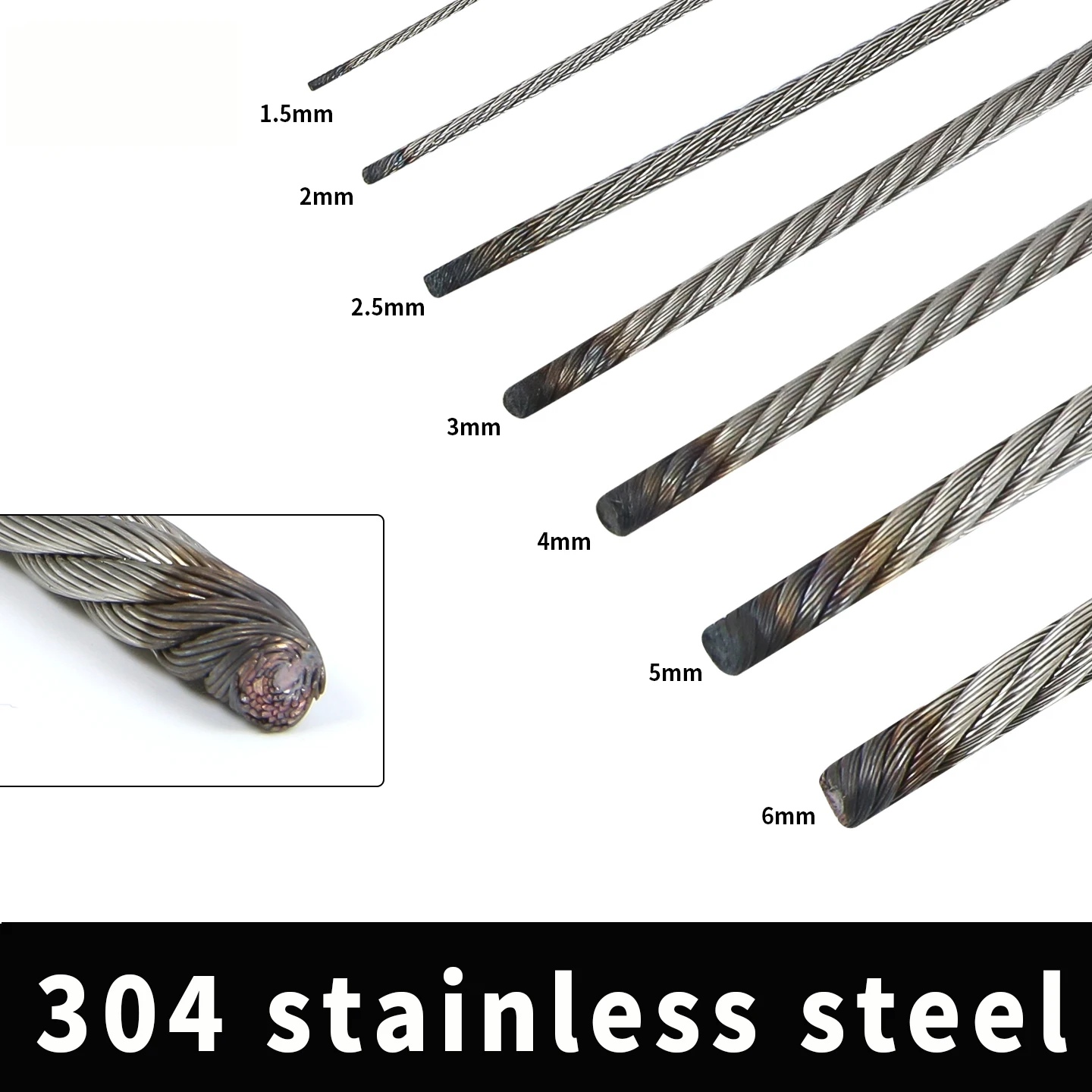 304 Stainless Steel Cable, Metal Rope, 1.5/2/3/4/5/6mm 7X7 Strand Cable Rope Suitable for Outdoor/Industrial Use