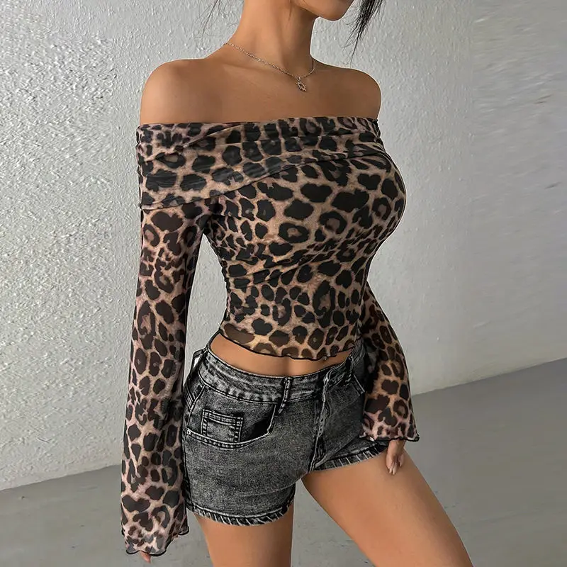 

Women's Sexy Off Shoulder Leopard Print Long Sleeved T-shirt 2000s Emo Clothes Female Vintage Skinny Thin Pullover Top
