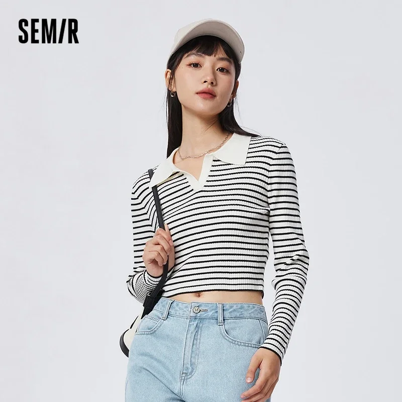 Semir Women Short Slim Knit Sweater Small Figure 2023 Spring New Anti-Static Polo Neck Sweater Small Fragrance