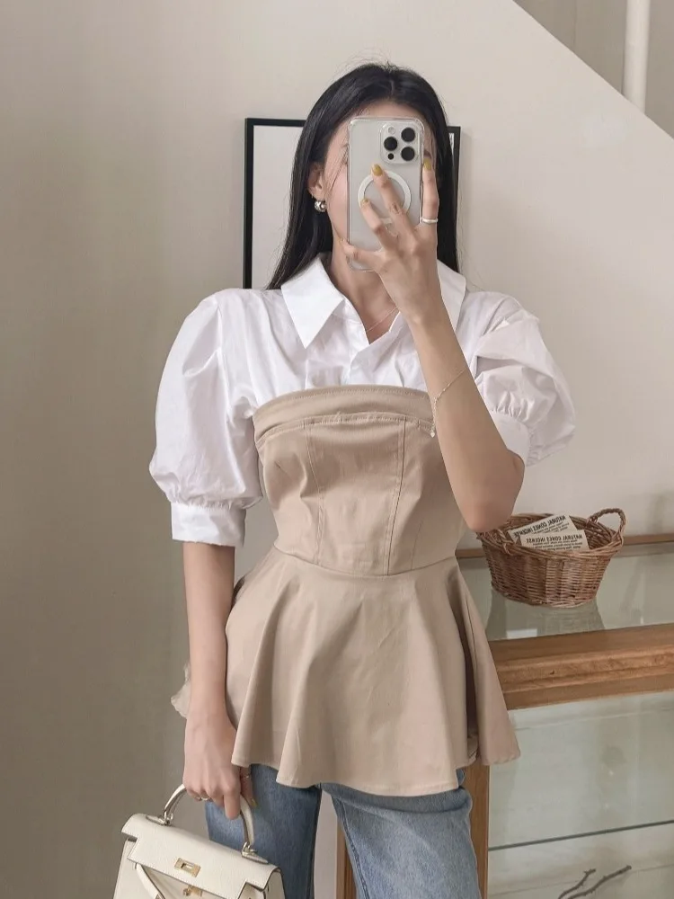 

Summer Women's Bubble Sve irt ort Sve Waist Cinched Tube Top Collar Design Fake Two-Piece Casual Faion