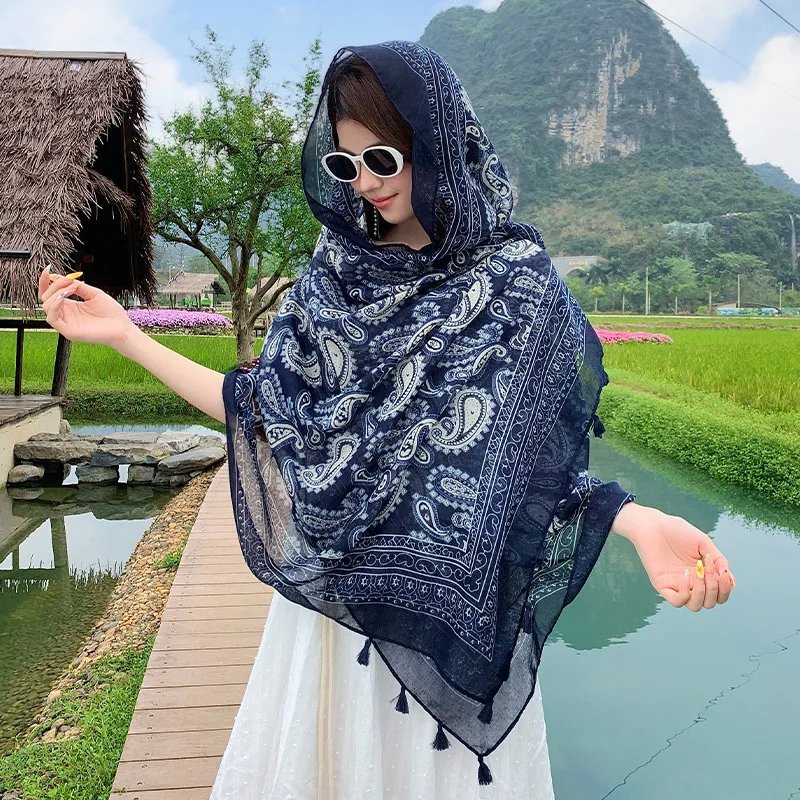 2026 Boho Paisley Print Long Tassel Thin Shawl Scarf Voile Women Sun Protection Travel Wrap Beach Vacation Photo Accessory Gift