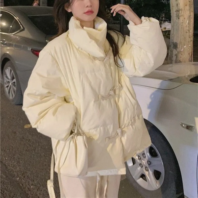 Parka con design con fibbia in corno Donna Colletto alla coreana solido Studentesse Chic Cappotti invernali in cotone caldo addensato allentato Alla moda Ulzzang