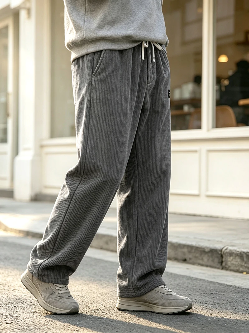 Herren Cordhose für Frühling/Herbst, Regular Fit, elastischer Kordelzug in der Taille, gerade Beine, Seitentaschen, lässig, für den Alltag, Arbeit, Streetwear – Detail 4