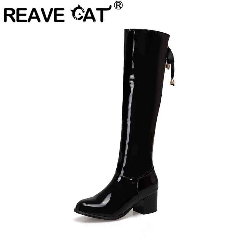 REAVE CAT Woman's Knee High Boots Round Toe Block Heels Rubber Size 33-50 Ribbons Black White Red S2684