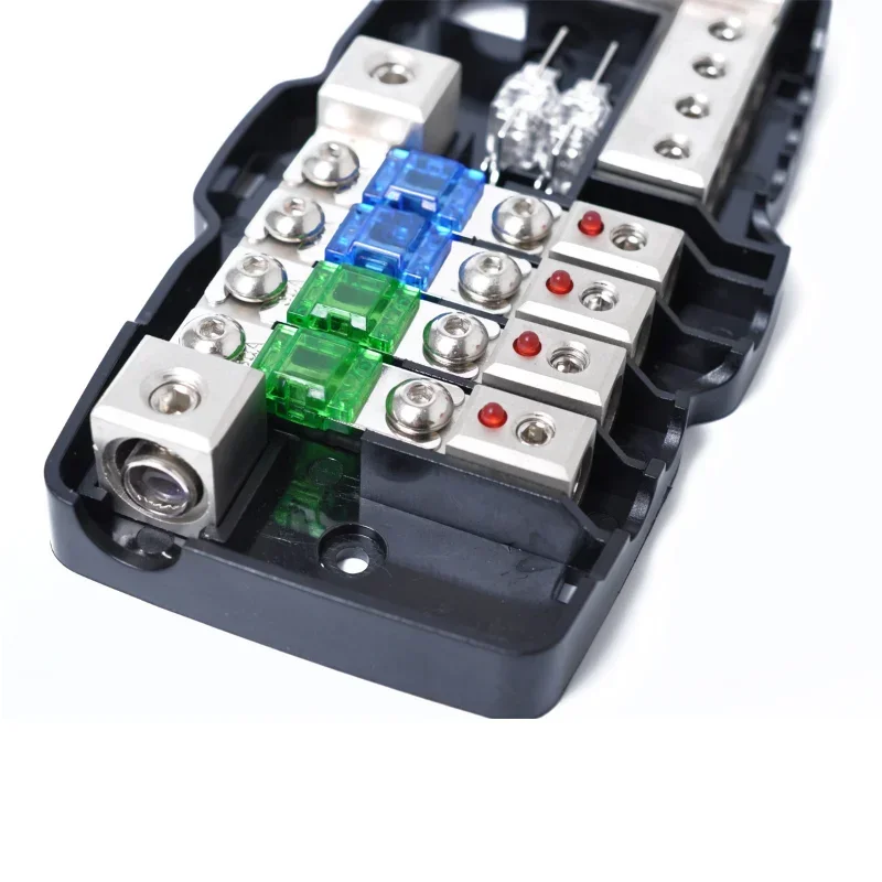 Blocco fusibili multifunzione con luce LED (distribuzione batteria 2 ingressi 4 uscite, fusibile a 4 vie 30 A / 60 A + 2 fusibili di ricambio 80 A)