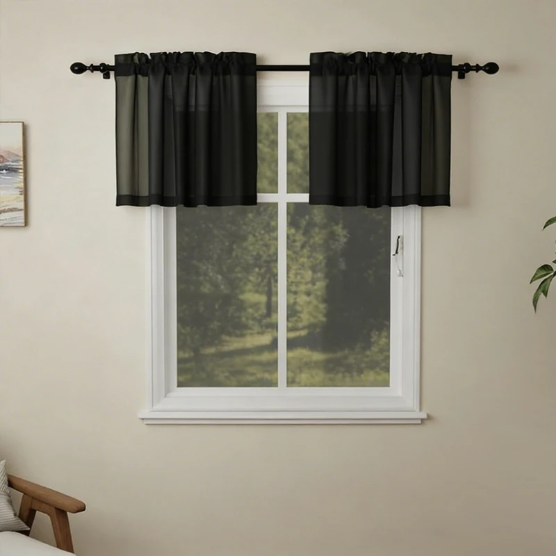 2-teilige weiße, durchsichtige Küchenvorhänge, kurze Küchenstufen, Stangentasche, Voile, transparenter halber Fenstervorhang