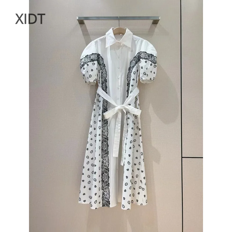 2024 New high-end custom positioning printed bubble sleeve lapel dress, 100% Cotton fabric