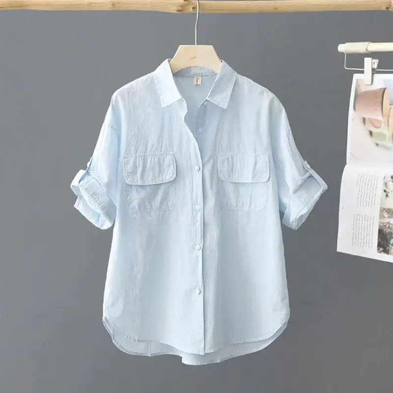 100% Pure Cotton Short Sleeved Solid Color Shirt for Women\'s 2024 Summer New Outerwear Shirt Design Loose and Thin Top