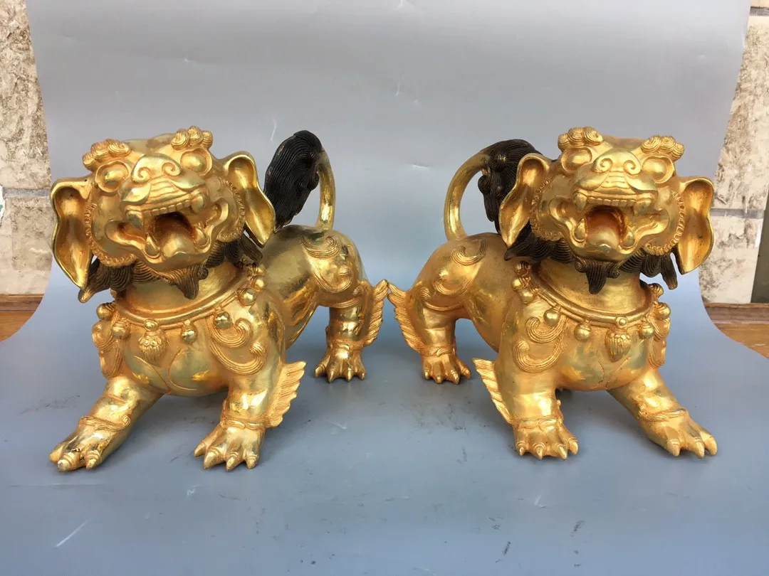 Nepalese Tibetan Brass Gilded Lion Story Ruyi Writing, Playing, Study, Office Decoration, Pair of Paper Weights 27cm