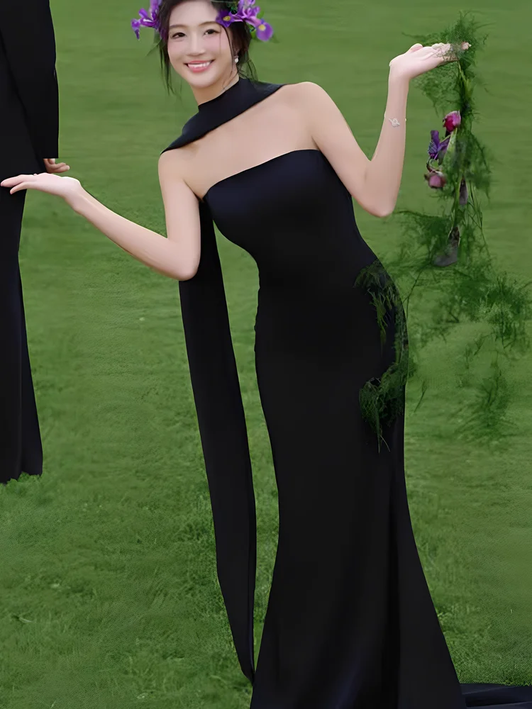 

Элегантное черное вечернее платье-русалка с открытыми плечами для торжественных мероприятий, идеально подходит для дня рождения взрослых, свадебного банкета