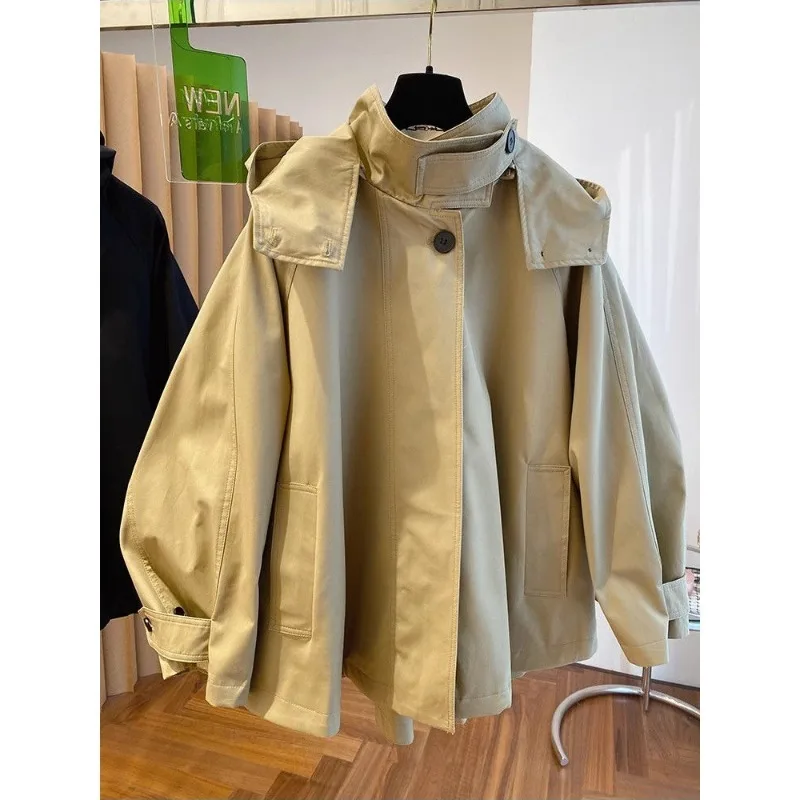 Large Size 2026 New Autumn High-end Foreign-style British Cape Casual Loose Hooded Trench Coat Short Jacket Spring and Autumn