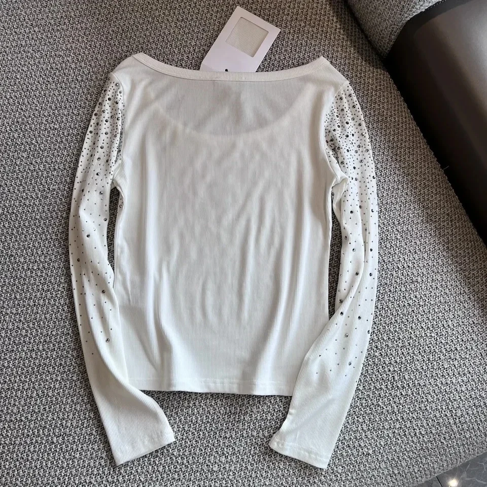 2024 Spring/Summer New Heavy Industry Water Diamond Round Neck Loose Bottom Long sleeved Women's T-shirt