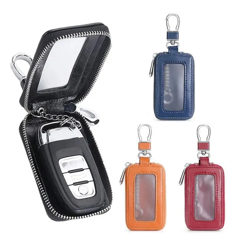 Visual Mirror Window Car Key Protector Bag Leather Key Holder Mini Auto Pocket Case Retro Keyring Wallet Zipper Bag