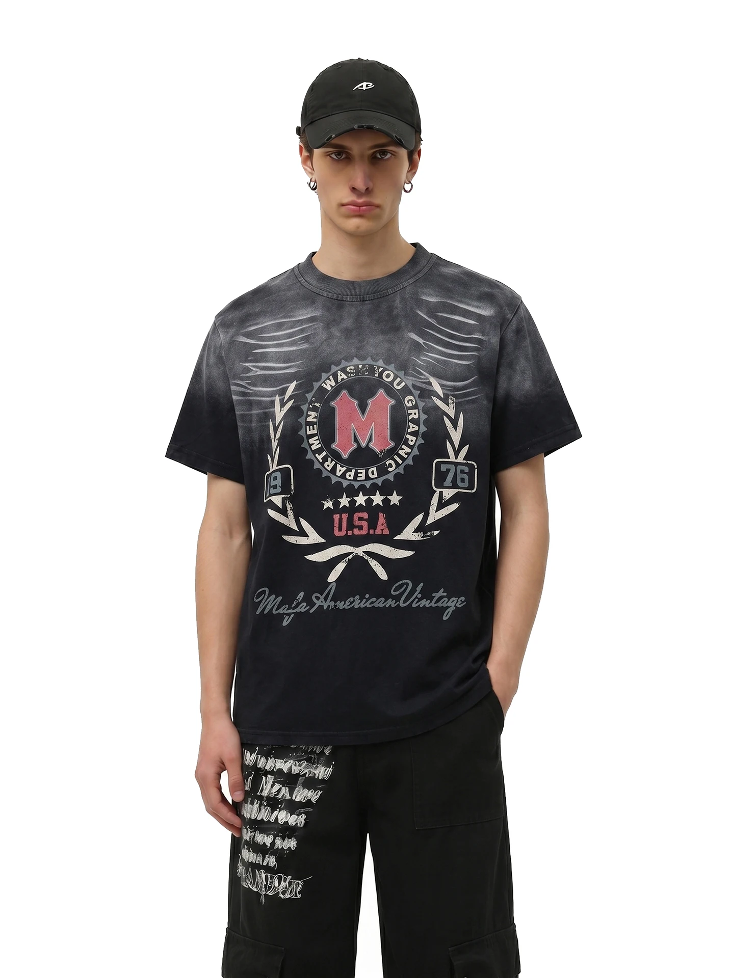 

BETEBULE American Retro Gradient Print round Neck Short Sleeve T-Shirt Men Summer High Street Fashion Loose Top for Youth