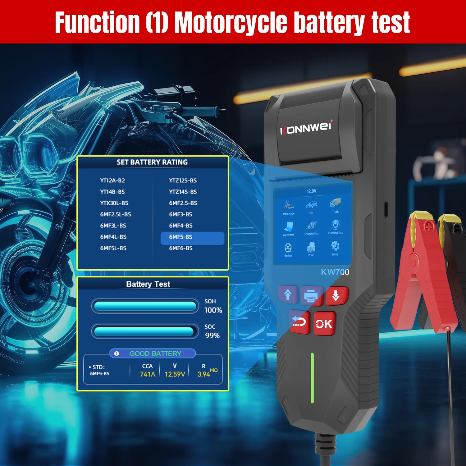 KW700 Car Motorcycle Truck Boat 12 Volt 24 Volt Battery Analyzer with Print Function