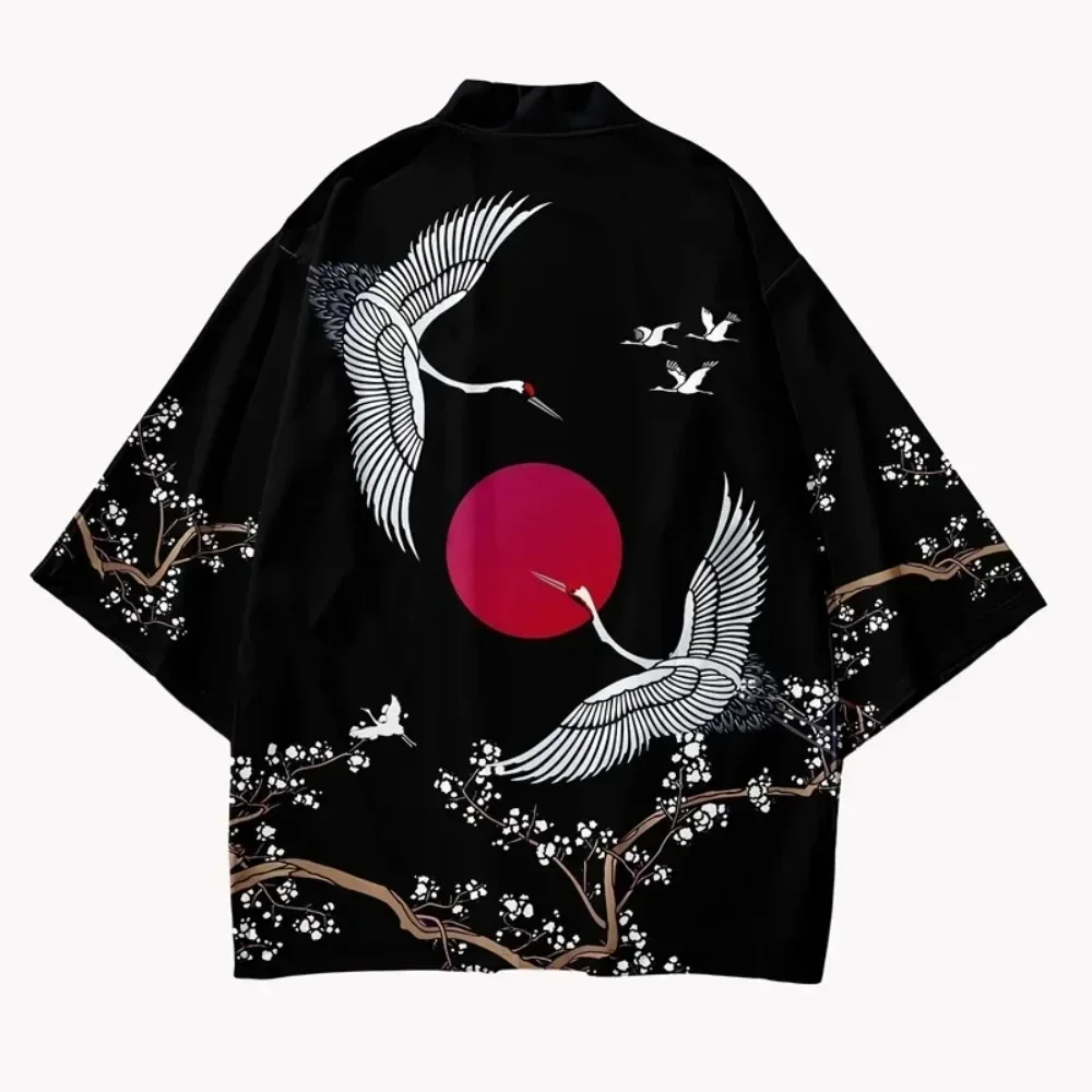 Men Black Shirt Short Sleeve Japanese Luxury Wave Floral Casual Comfortable 3D Printed Novelty Trendy Fashion New Stylish Crane