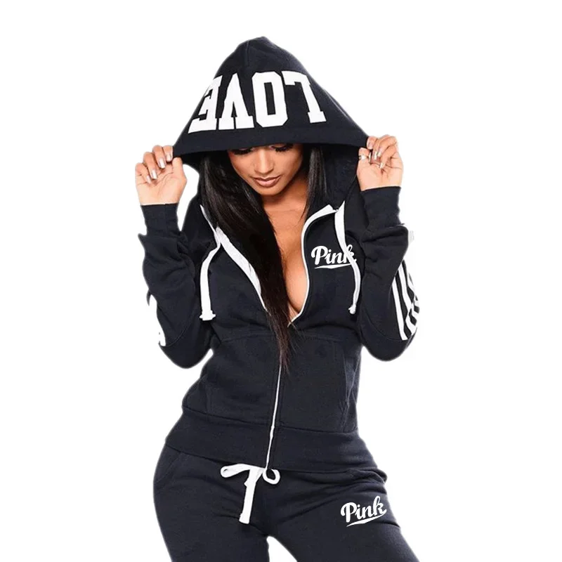 Womens Tracksuit Print Trend 2 Piece Suit Zipper Hooded Sweatshirt Outfit Casual Jogging Fitness Thin Slim Woman Pant Sets3Color