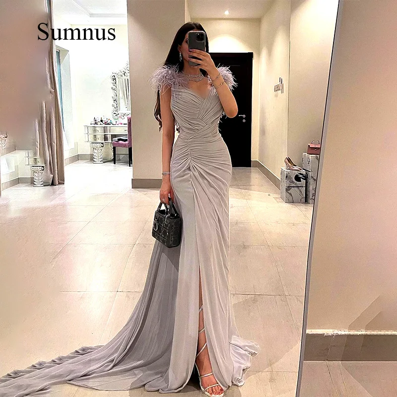 

Sumnus Lavender Mermaid Evening Dresses Feather Straps V-neck Side Slit Prom Dresses Pleats Spandex Long Evening Party Gowns