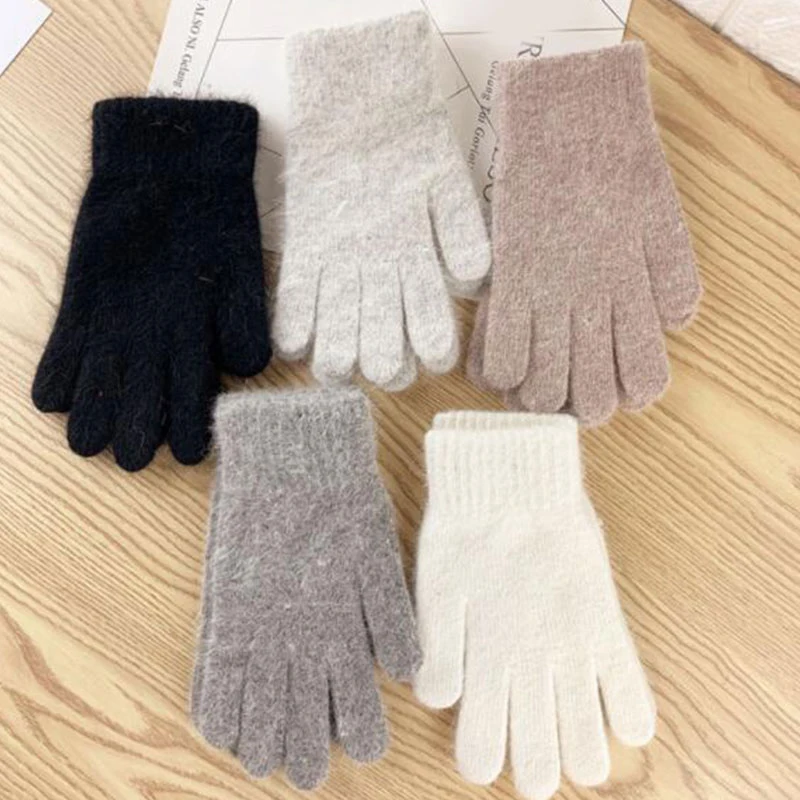 Winter Keep Warm Plush Gloves Elastic Soft Full Fingers Mittens Rabbit Fur Knitted Gloves Outdoor Thick Driving Non-slip Gloves