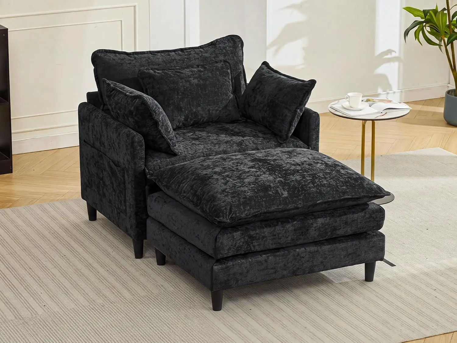 40.5'' Modular Cloud Sofa, Deep Seat 1 Seater with Ottoman, Modern Living Room, Chenille Black, Customized