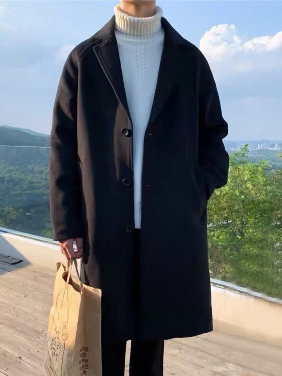 

Ele Briti Sle Men's Long Woolen Coat Loose Fit Faionable Autumn Outerwear Youthful Trendy Pure Color Casual Coat