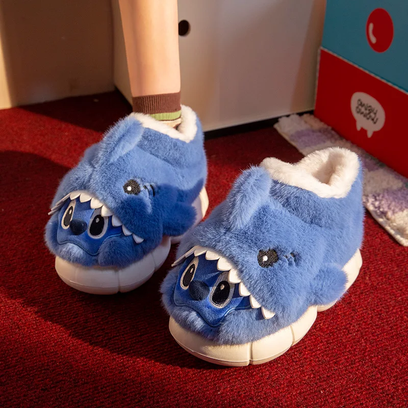 

Winter Wrap Heels Cute Cartoon Shark Cotton Slippers Non-slip Soft For Women Men Warm Plush Home Shoes Thick Bottom Slip Shoes