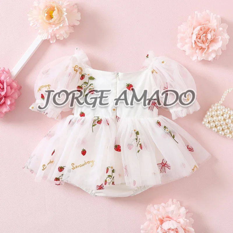 2024 Summer Sister Matching Outfits Strawberry Short Sleeves Bodysuit Birthday Princess Dress Twins Daughter Clothes H4358