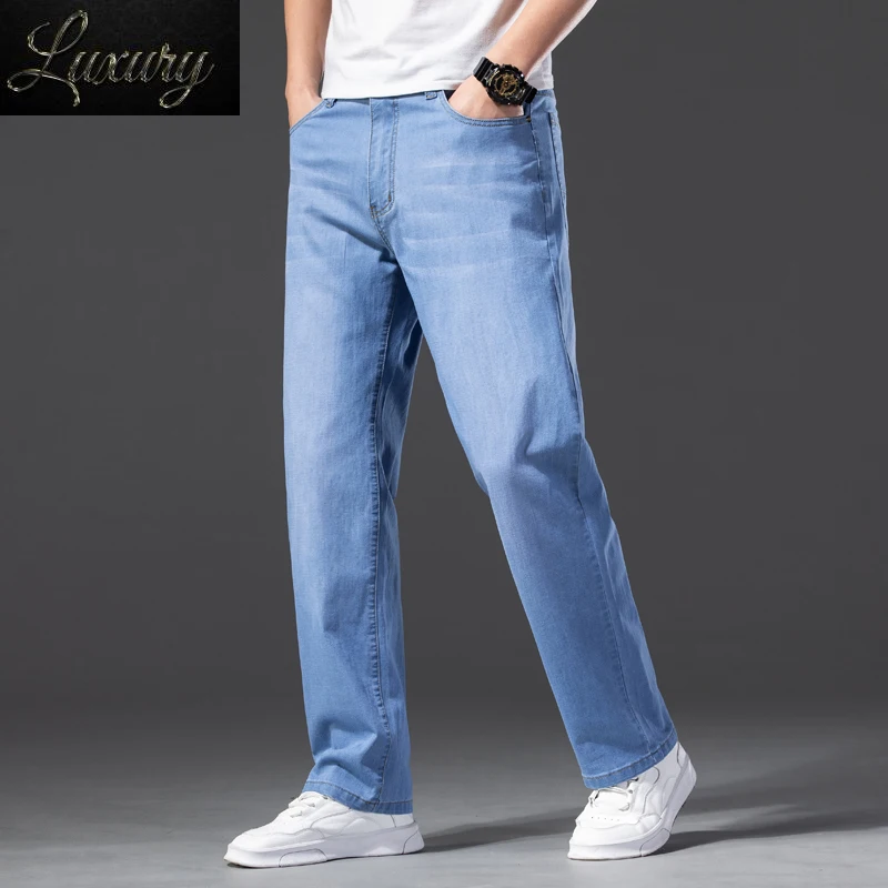 

Men's Straight Cut Jeans Summer Loose Pants Light Blue Leg Fit Male Vintage Large Size 44 Business Denim Trousers