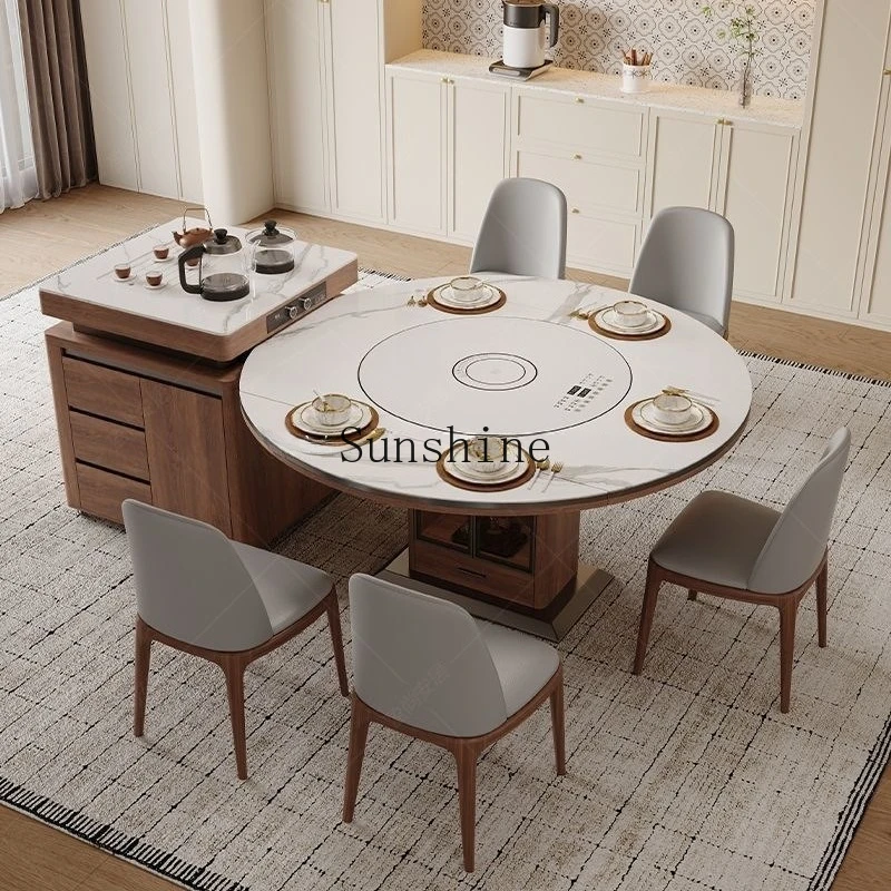 

Medieval solid wood multi-functional with warm vegetables induction cooker rotating ash wood rice table and chairs