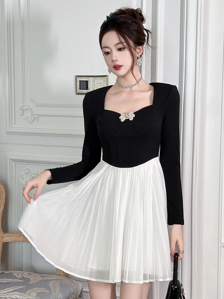 프랑스 우아한 여성용 미니 드레스, 사랑스러운 블랙 화이트 패널 긴 소매 스윙 볼 가운 스트리트 파티 드레스