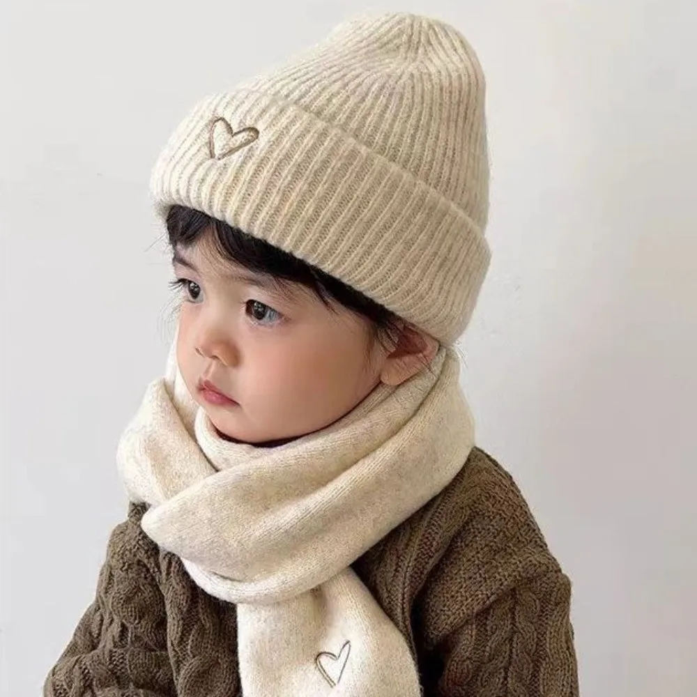 

Love Heart Embroidery Knitted Hat Scarf Set Thickened Solid Color Crochet Warm Beanie Cap Anti-cold Korean Style