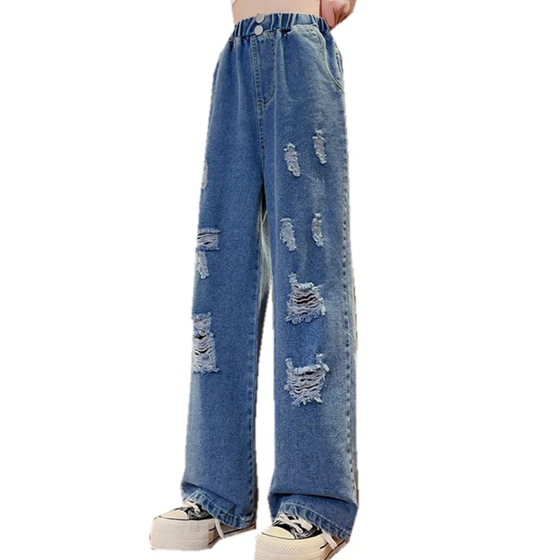 

Child Vintage Ripped Jeans for Girls Fashion High Waist Spring Autumn Broken Hole Wide Leg Pants Teenage Kids Denim Trousers