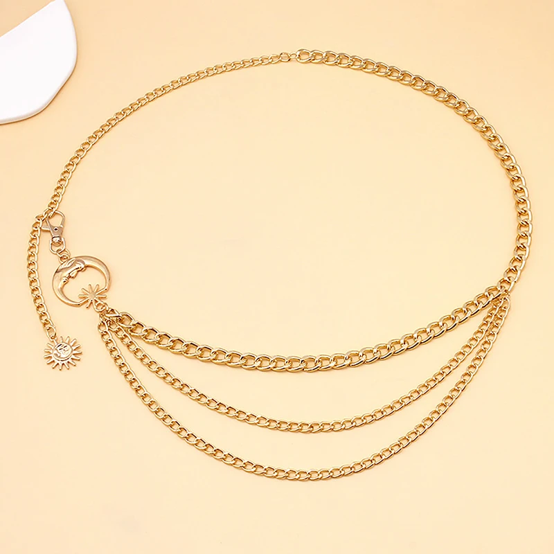 1Pc Women Waist Chain Belt for Dress Skirt Belts with Moon Star Waistbands Gold Silver Ladies Clothing Chain Accessories