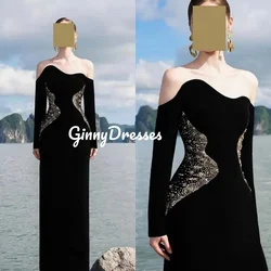 Customized Dresses For Prom Column Off-The-Shoulder Neckline Floor-Length Beadings Luxury Evening Dresses Long Sleeves Wedding