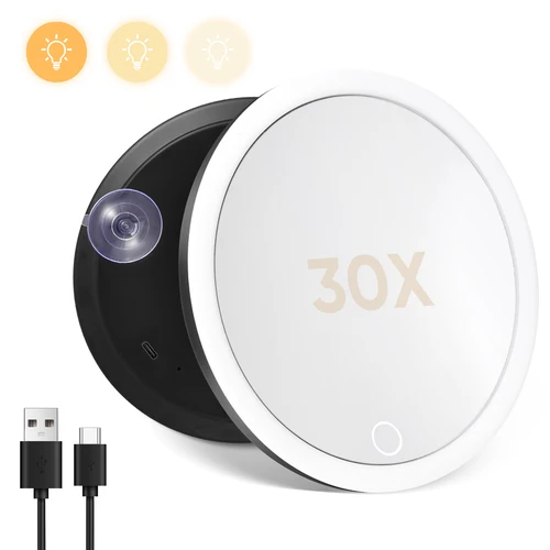 Espejo de tocador con aumento de 30x con luces, pantalla táctil, iluminación LED, lámpara de maquillaje con 360 °   Soporte ajustable y ventosa