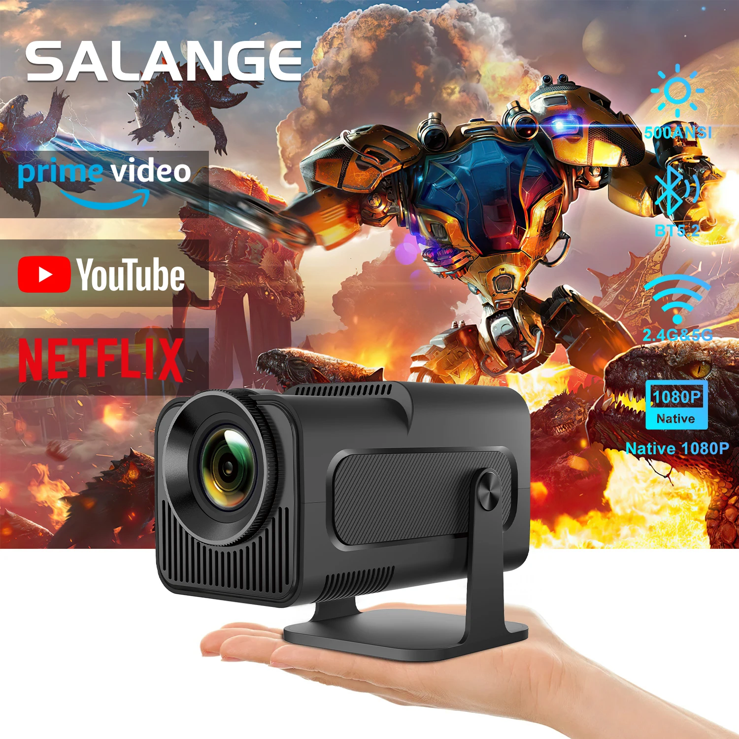 Salange Mini Projector Physical 1080P 500 Ansi Lumens Home Theater Android 13 Whale OS Wifi 6 Bluetooth 5.0 Beamer 4K Supported