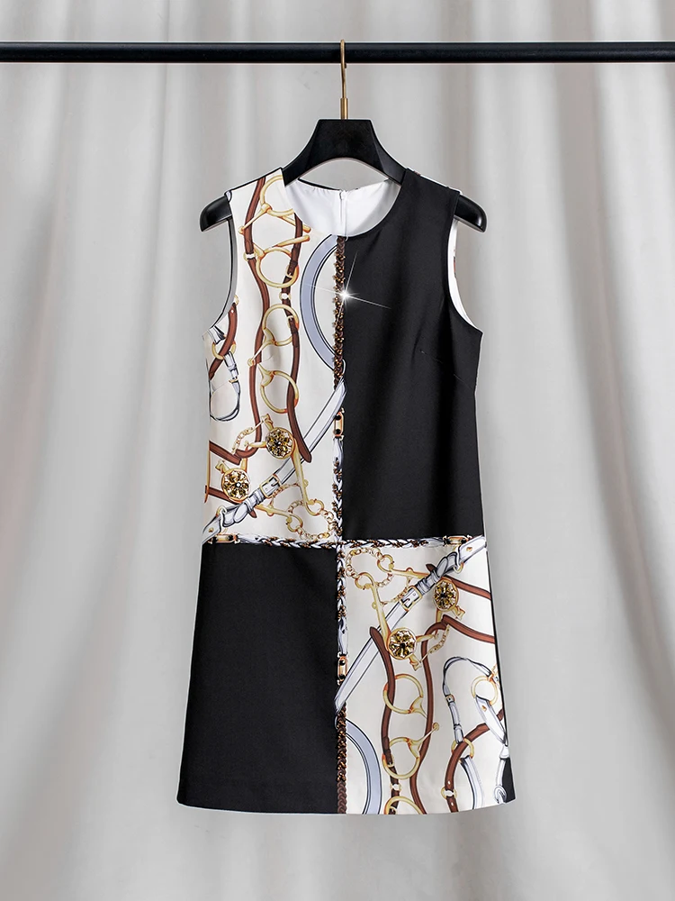 Women Black Patchwork Printed Sleeveless Beaded Dress Casual Round Neck Elegant Summer Evening Party Dress