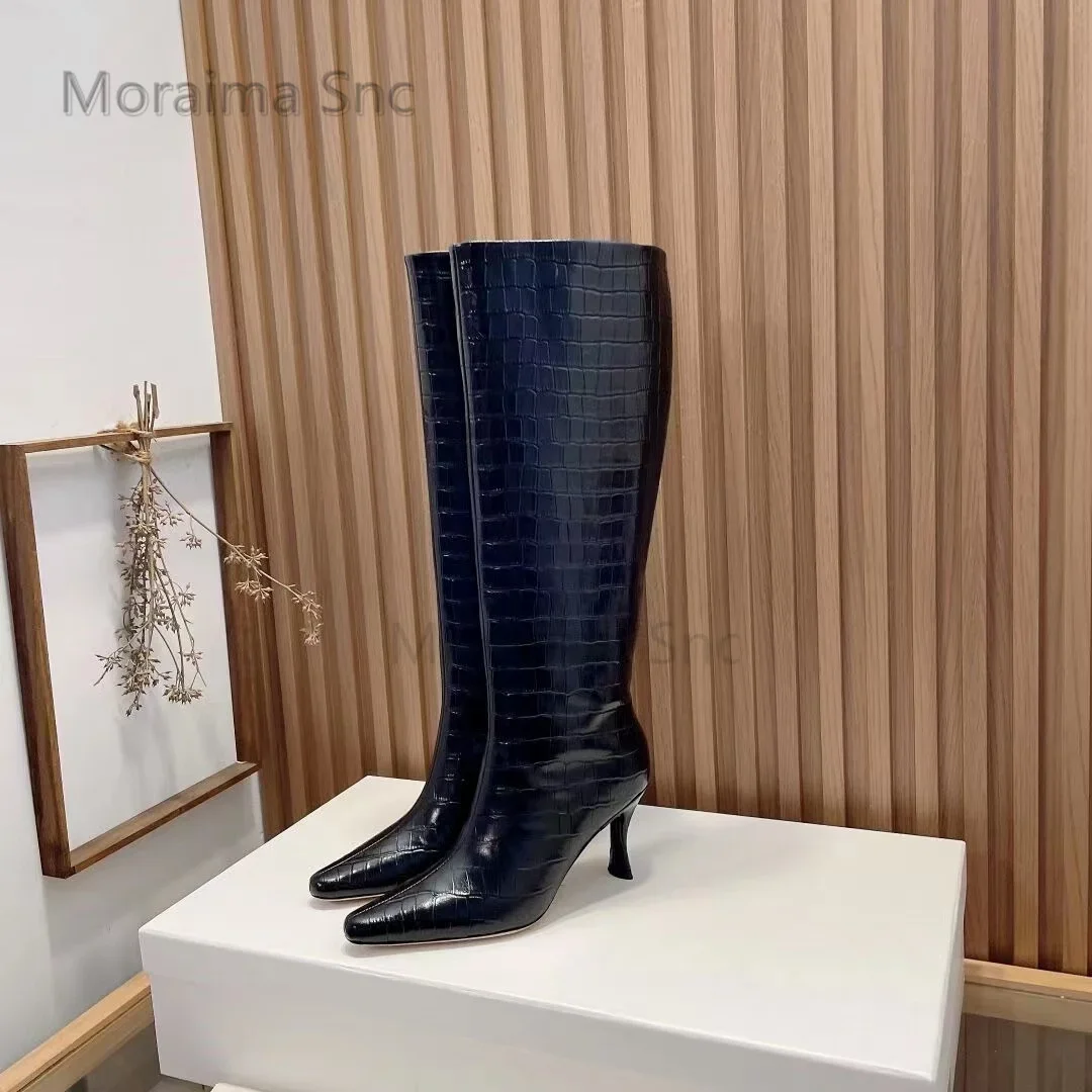 Stone Pattern Stiletto Knight Boots Women Pointed Toe High -Tube Thin High Heeled Leather Boots Knee High Boots Women's Shoes