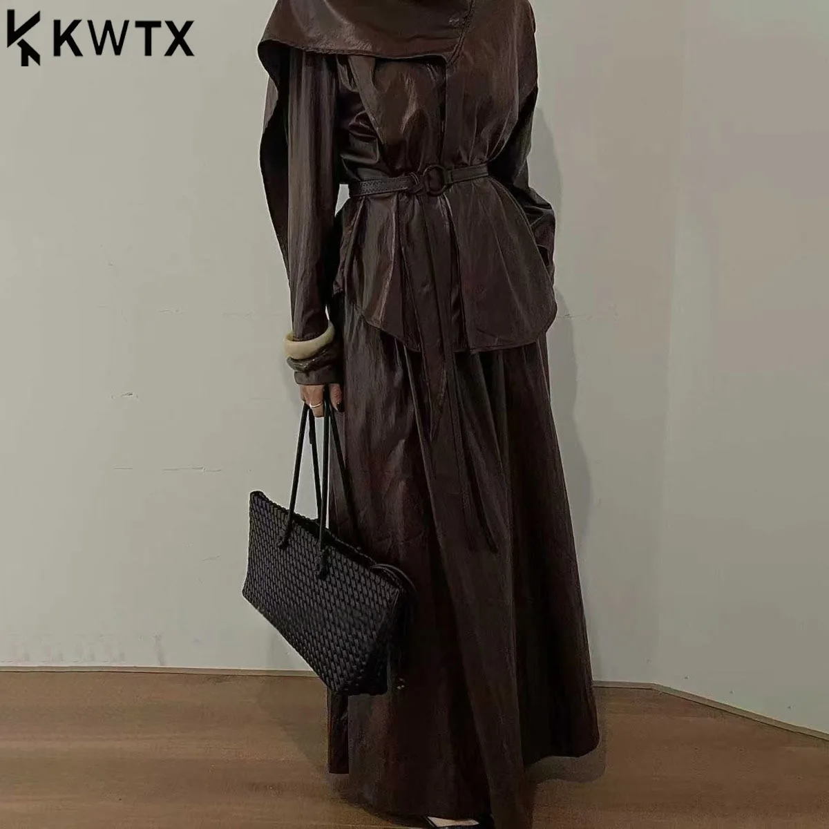 

KWTX 2 Piece Set Women’s Elegant Chic Slim Fit Casual Stand Collar Ribbon Leather Belt Shirt Top Skirt Spring Summer 2025