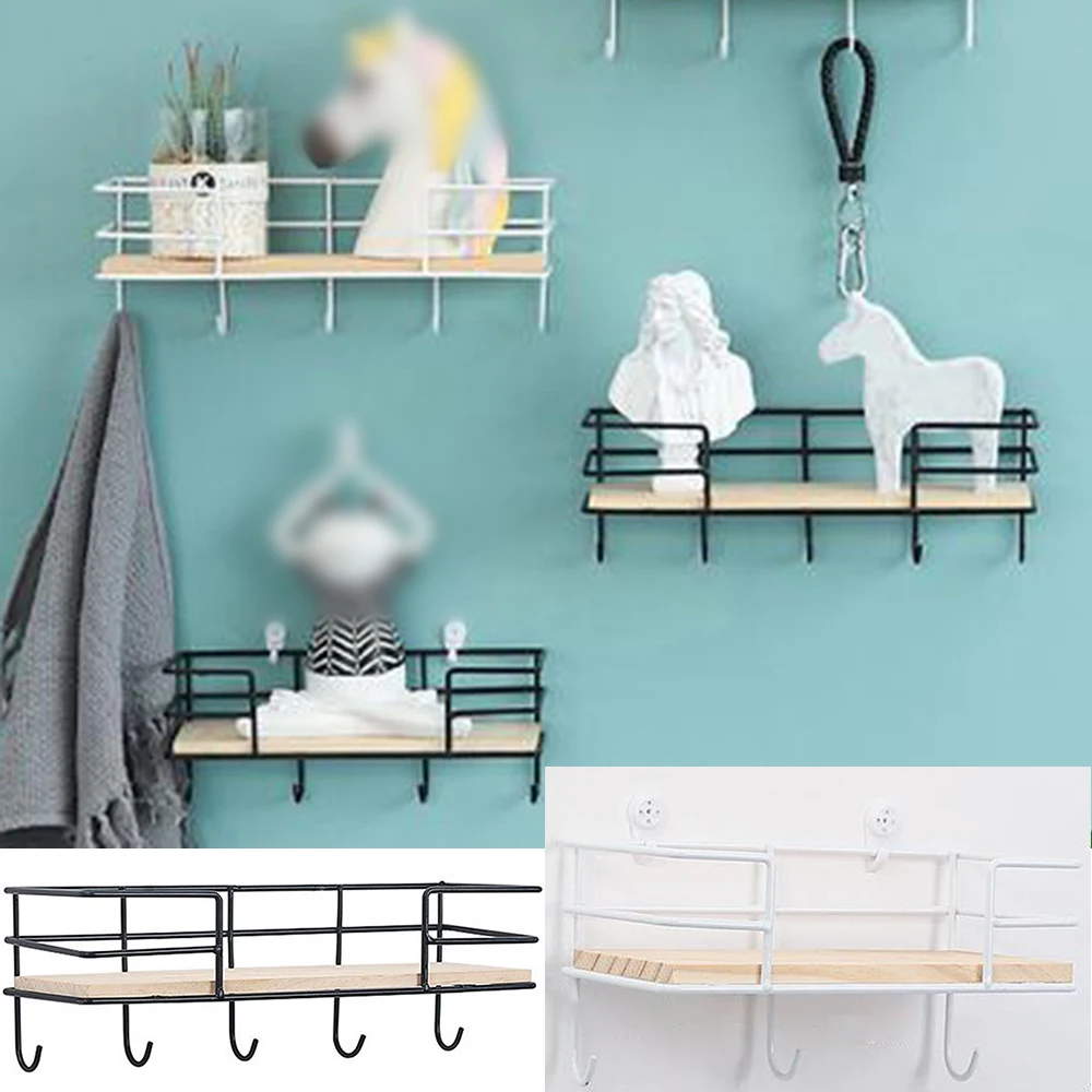 2pcs for  Iron+Wood Kitchen And Living Room Wall Decoration Key Hook Storage Rack Storage Shelf Hollow Design