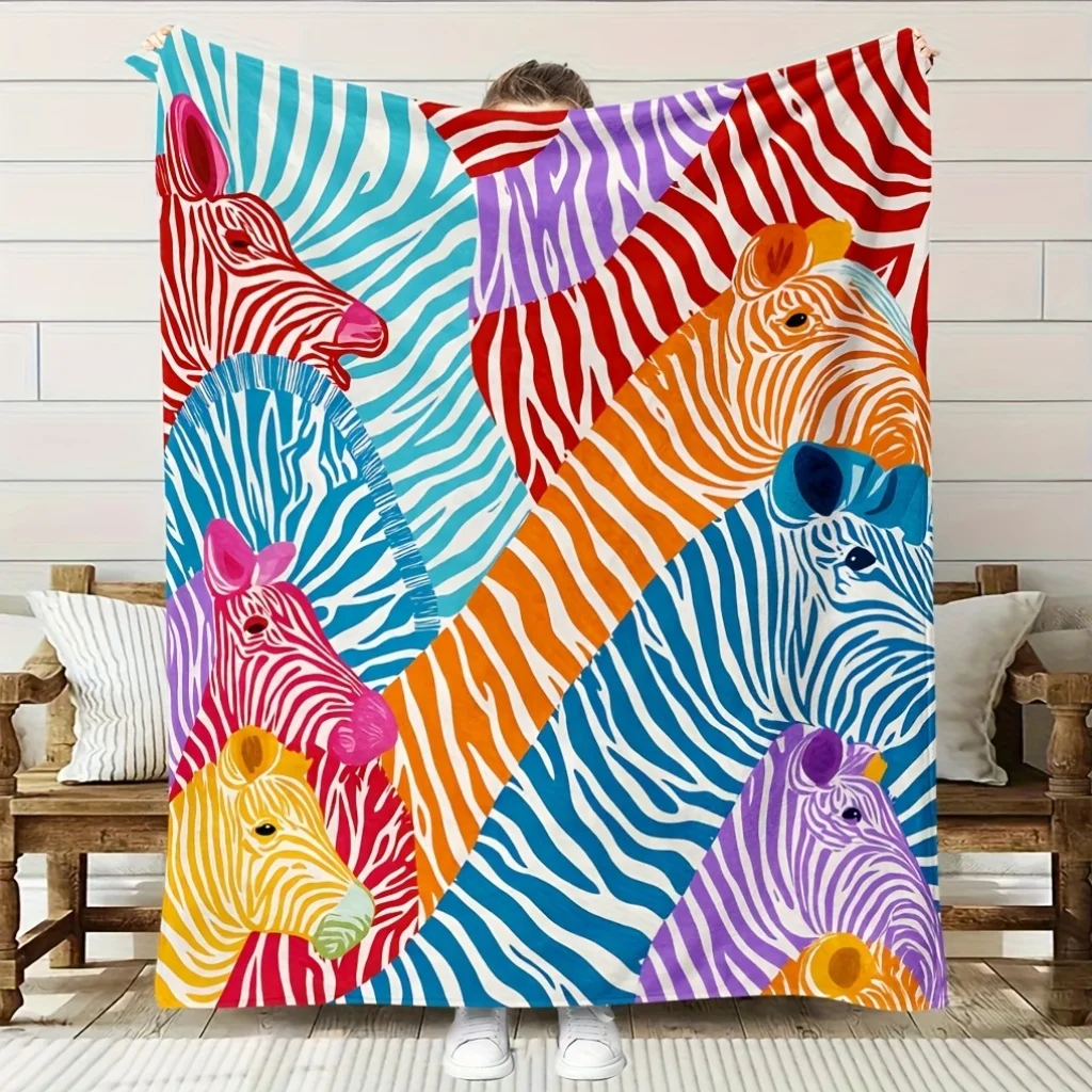 Colorful Zebra Pattern Fleece Blanket | Soft High-Definition Digital Print, All-Season,  Polyester, Perfect Gift for Family