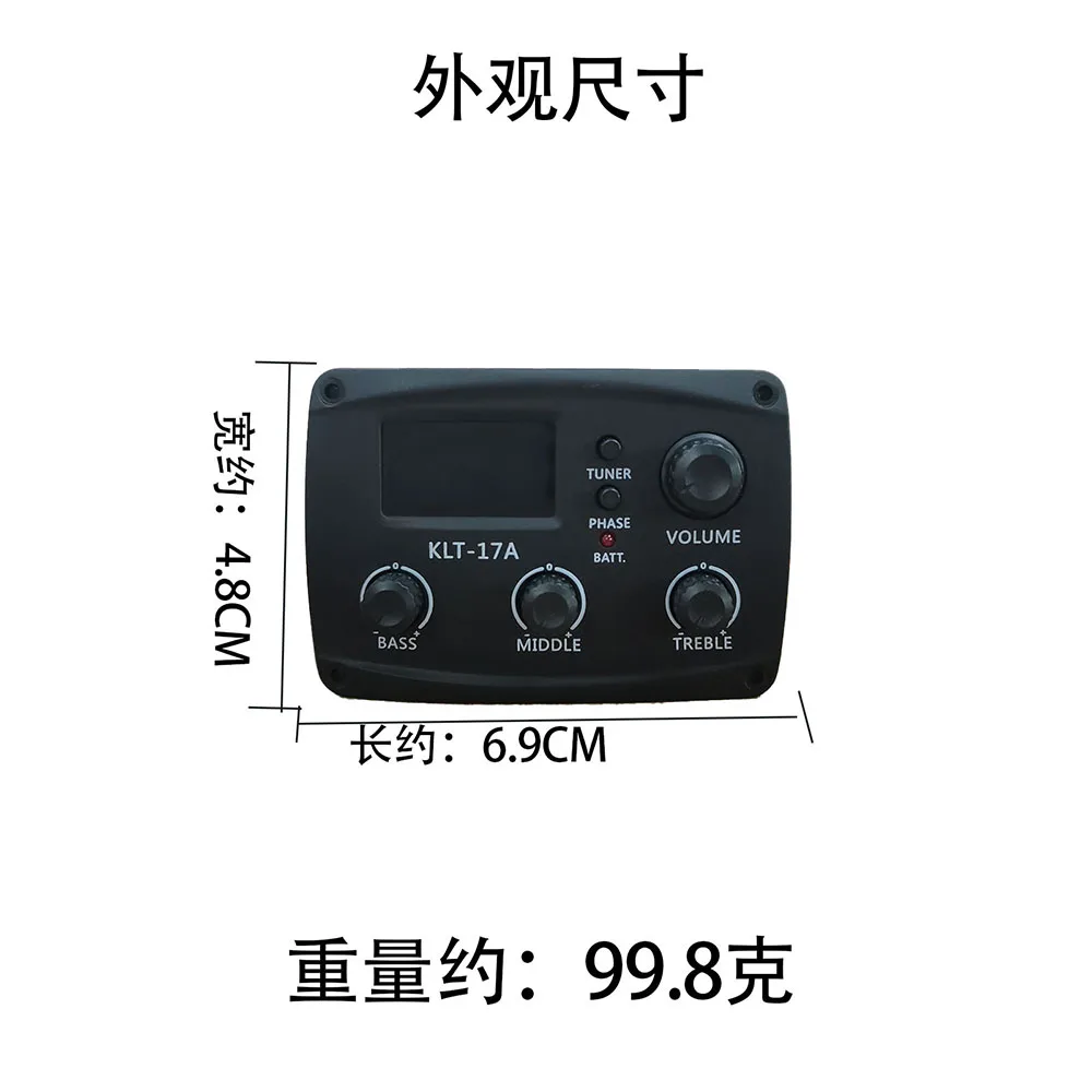 KLT-17A Akustikgitarren-EQ-Vorverstärker 70 x 48 mm mit digitalem Procedding-Tuner, 3-Band-EQ-Equalizer mit Tuner, Gitarren-Tonabnehmer – Detail 1